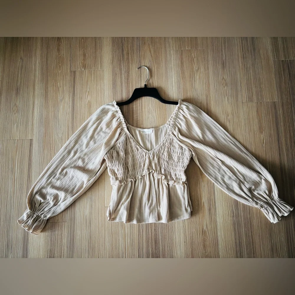 Altar'd State Top Smocked Beige Long Sleeve Blouse Women L Boho Cottagecore USA